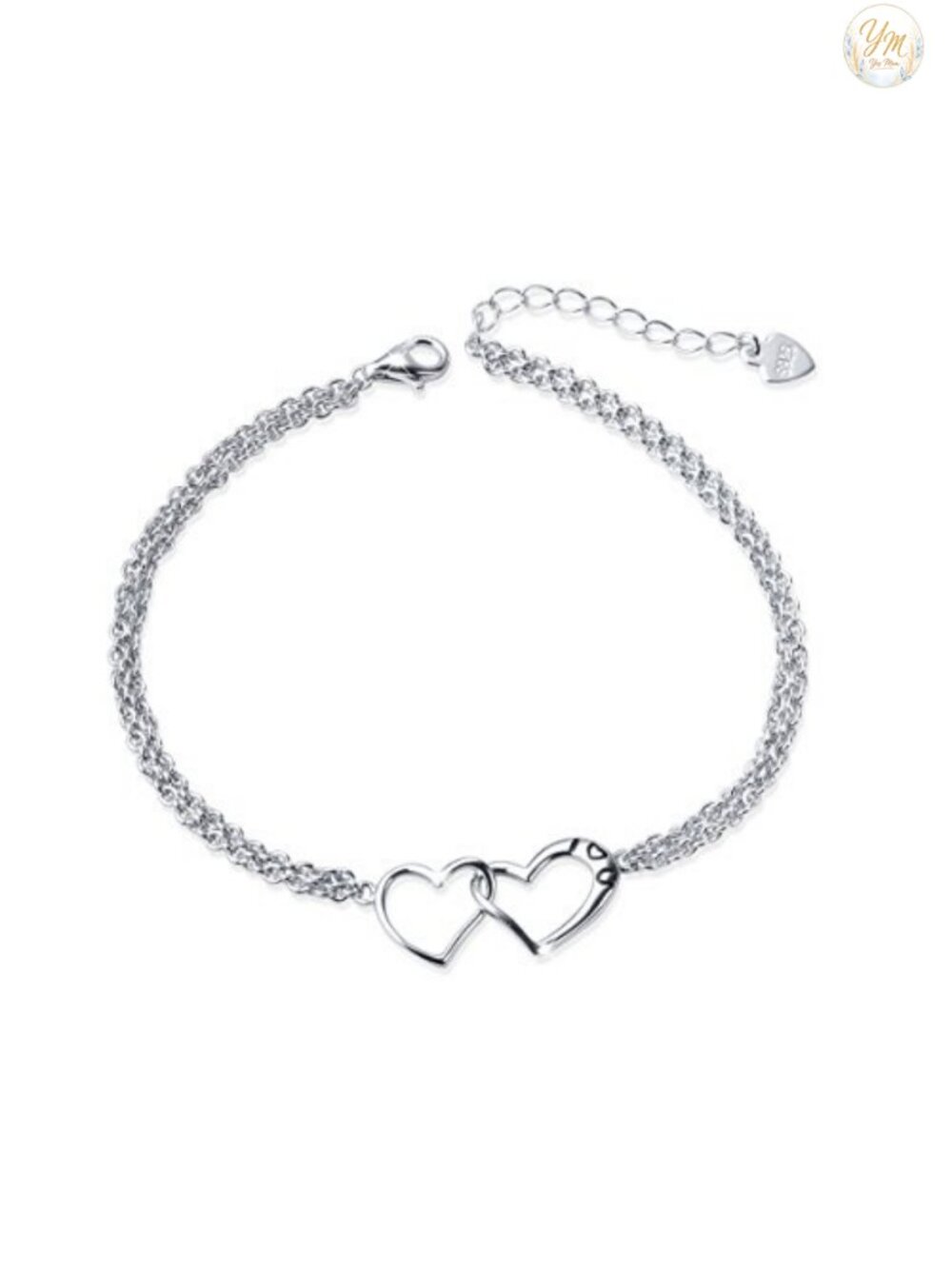 S925 Sterling Silver Heart Bracelet Double Chain Adjustable